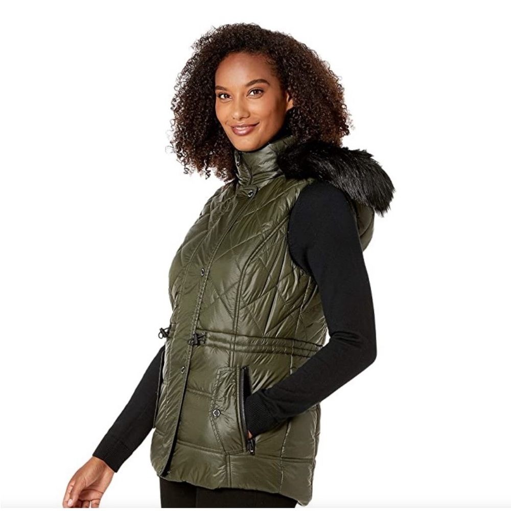Michael Kors Olive green puffer vest with faux fur hood